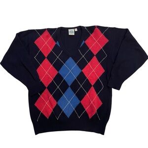 Cambridge 100% Pure New Wool Argyle Diamond Pattern Men’s Large V-Neck Normcore